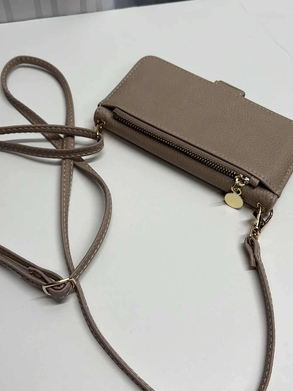 Pebbled Taupe Crossbody Phone Wallet with Strap